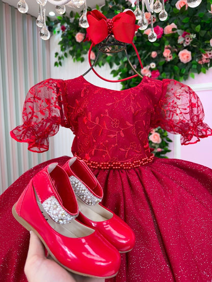 Vestido Infantil Vermelho em Tule com Renda e Cinto de Pérolas com Saia Rodada para Festa de Aniversário