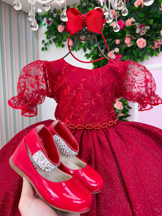 Vestido Infantil Vermelho em Tule com Renda e Cinto de Pérolas com Saia Rodada para Festa de Aniversário