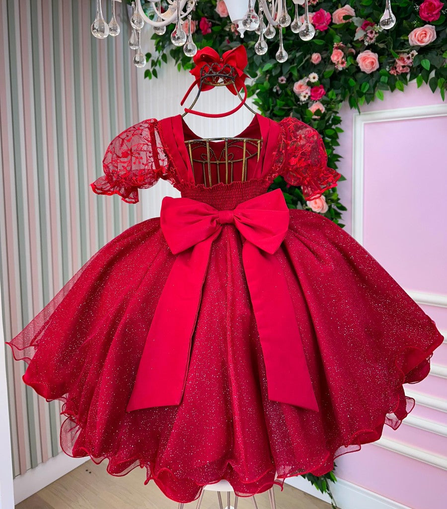 Vestido Infantil Vermelho em Tule com Renda e Cinto de Pérolas com Saia Rodada para Festa de Aniversário