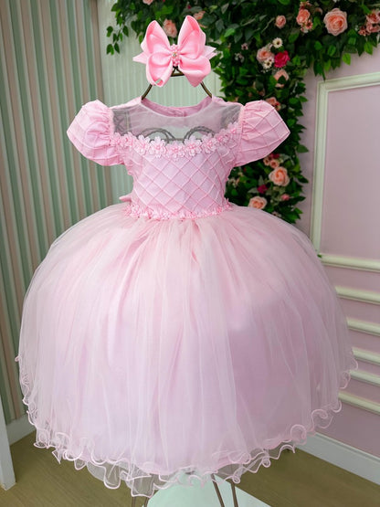 Vestido Infantil Rosa em Tafetá com Gola Redonda e Saia Rodada para Festa de Aniversário