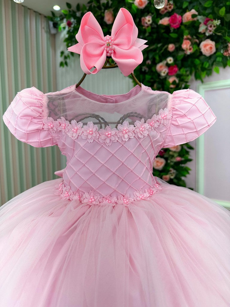 Vestido Infantil Rosa em Tafetá com Gola Redonda e Saia Rodada para Festa de Aniversário