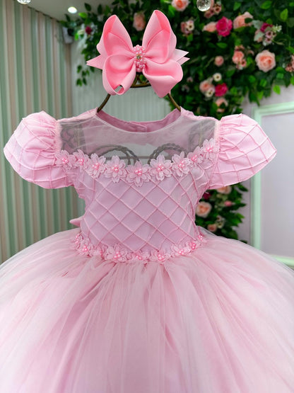 Vestido Infantil Rosa em Tafetá com Gola Redonda e Saia Rodada para Festa de Aniversário