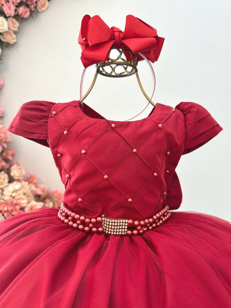 Vestido Infantil Vermelho em Cetim com Busto em Nervura e Saia Rodada para Damas de Festas