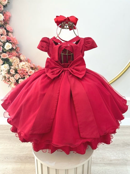 Vestido Infantil Vermelho em Cetim com Busto em Nervura e Saia Rodada para Damas de Festas