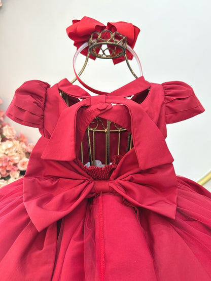 Vestido Infantil Vermelho em Cetim com Busto em Nervura e Saia Rodada para Damas de Festas