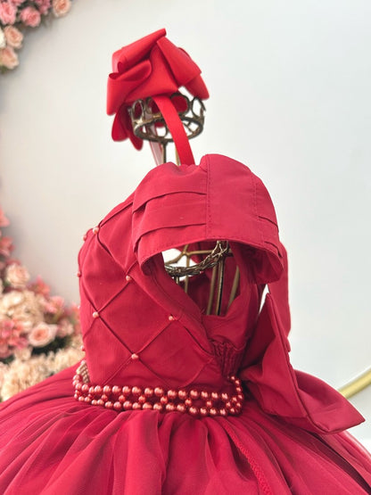 Vestido Infantil Vermelho em Cetim com Busto em Nervura e Saia Rodada para Damas de Festas