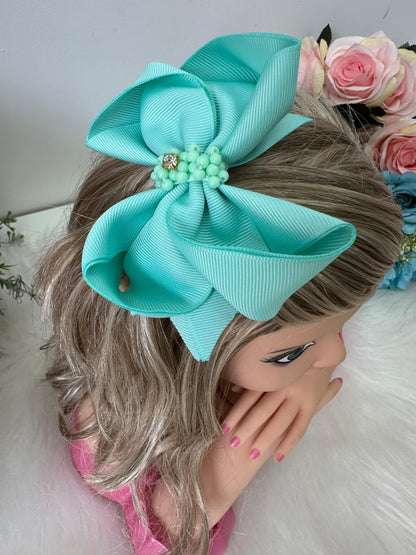 Laço Infantil Verde Tiffany com Strass para Estilo Princesa