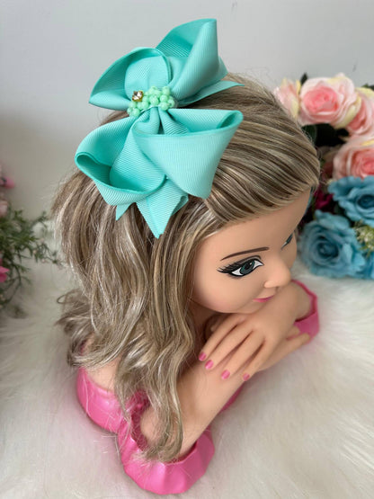 Laço Infantil Verde Tiffany com Strass para Estilo Princesa