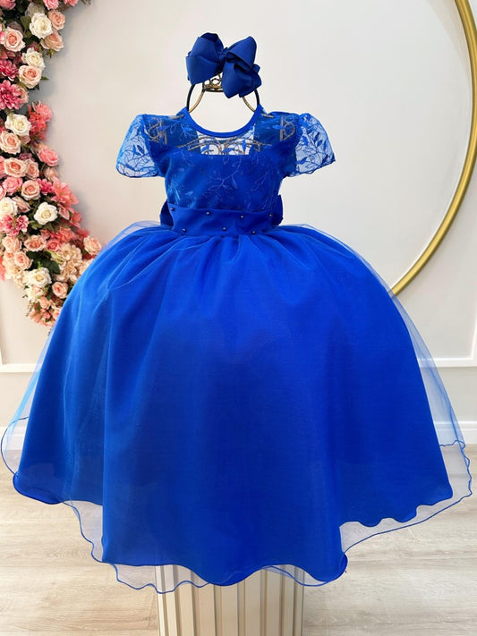 Vestido Infantil Azul Royal em Cetim com Renda Delicada e Saia Rodada para Festa de Aniversário