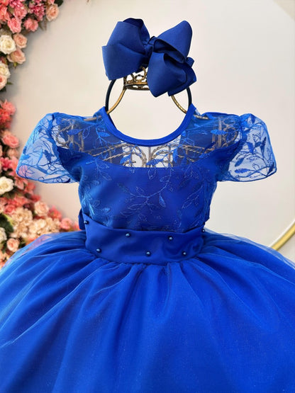 Vestido Infantil Azul Royal em Cetim com Renda Delicada e Saia Rodada para Festa de Aniversário