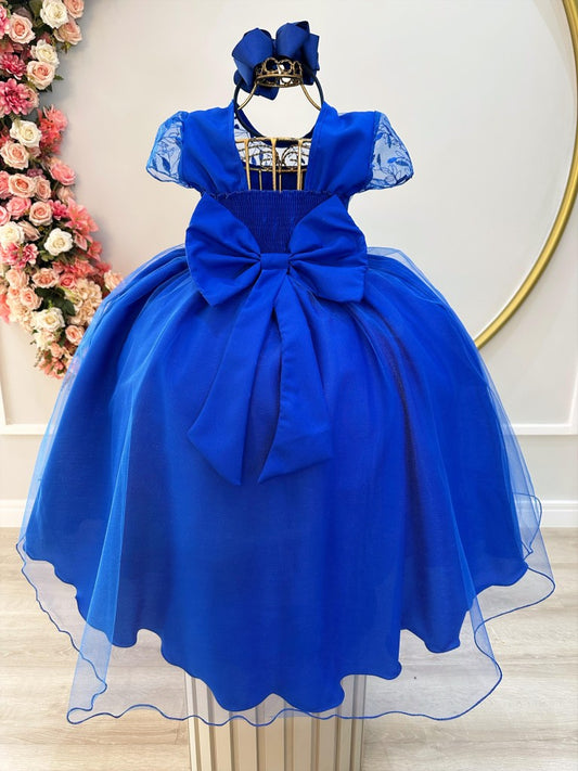 Vestido Infantil Azul Royal em Cetim com Renda Delicada e Saia Rodada para Festa de Aniversário