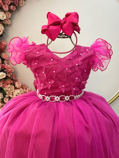 Vestido Infantil Longo Pink C/ Apliques e Renda Damas Festas