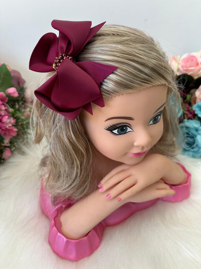 Laço Infantil Marsala em Cetim com Detalhes em Pérolas e Strass para Estilo Princesa