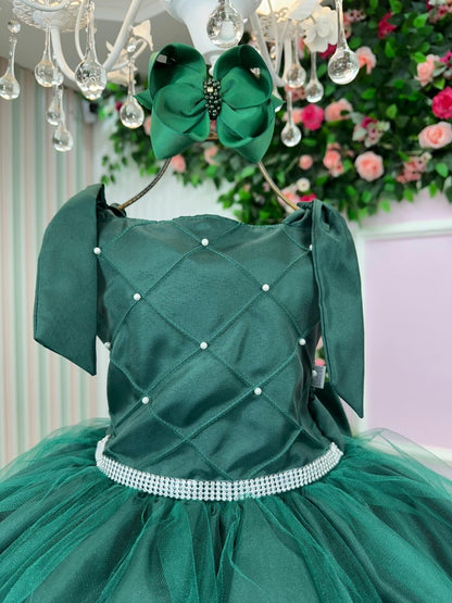 Vestido Infantil Verde Esmeralda em Tafetá e Tule com Laço nas Costas para Daminhas