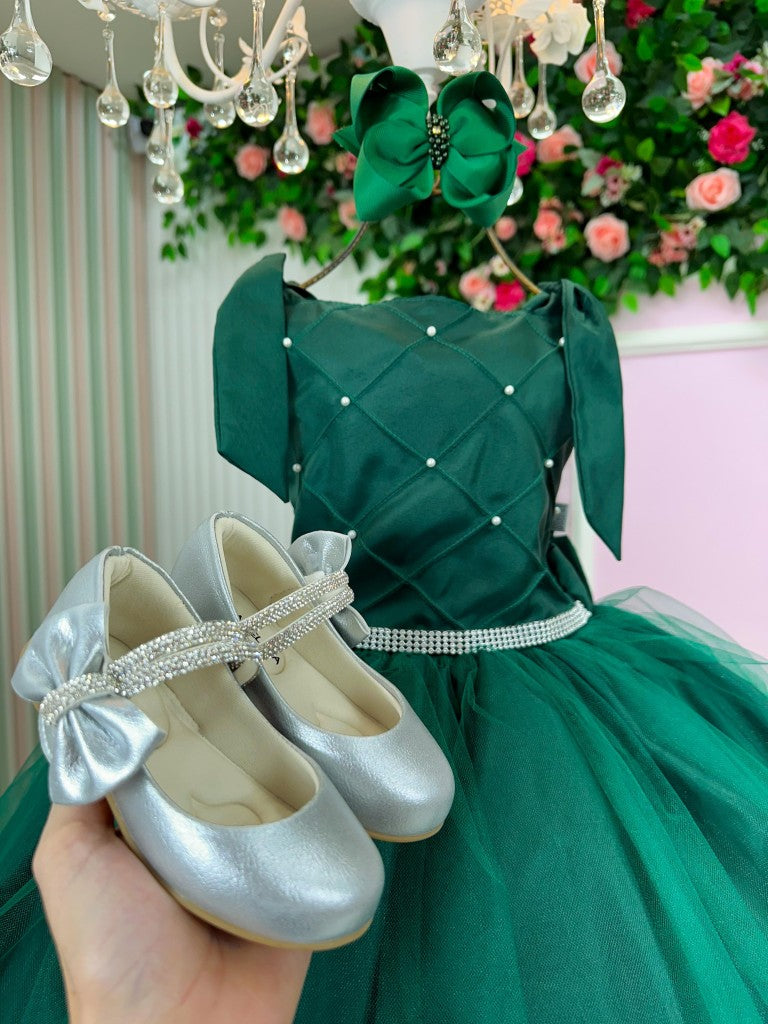 Vestido Infantil Verde Esmeralda em Tafetá e Tule com Laço nas Costas para Daminhas