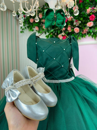 Vestido Infantil Verde Esmeralda em Tafetá e Tule com Laço nas Costas para Daminhas