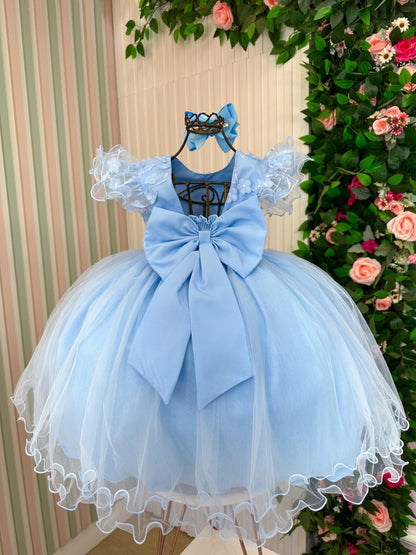 Vestido Infantil Azul Bebê em Cetim com Renda Delicada e Laço nas Costas para