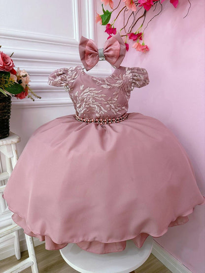 Vestido Infantil Rosa em Renda com Laço e Cinto de Pérolas para Daminhas
