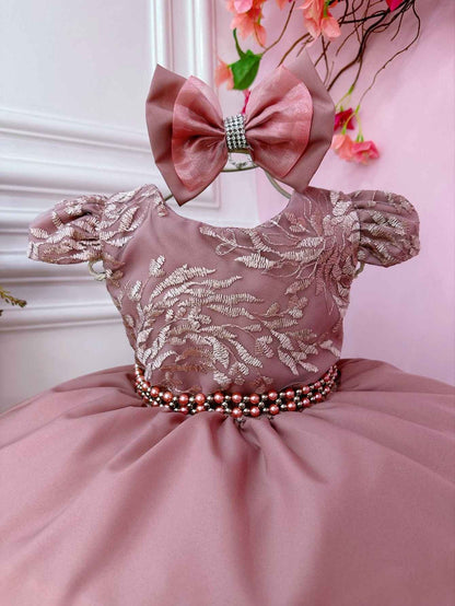 Vestido Infantil Rosa em Renda com Laço e Cinto de Pérolas para Daminhas