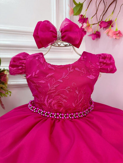 Vestido Infantil Pink em Renda com Laço e Cinto de Pérolas para Daminhas