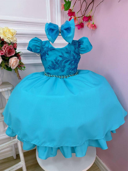 Vestido Infantil Verde em Renda com Laço e Cinto de Pérolas para Daminhas