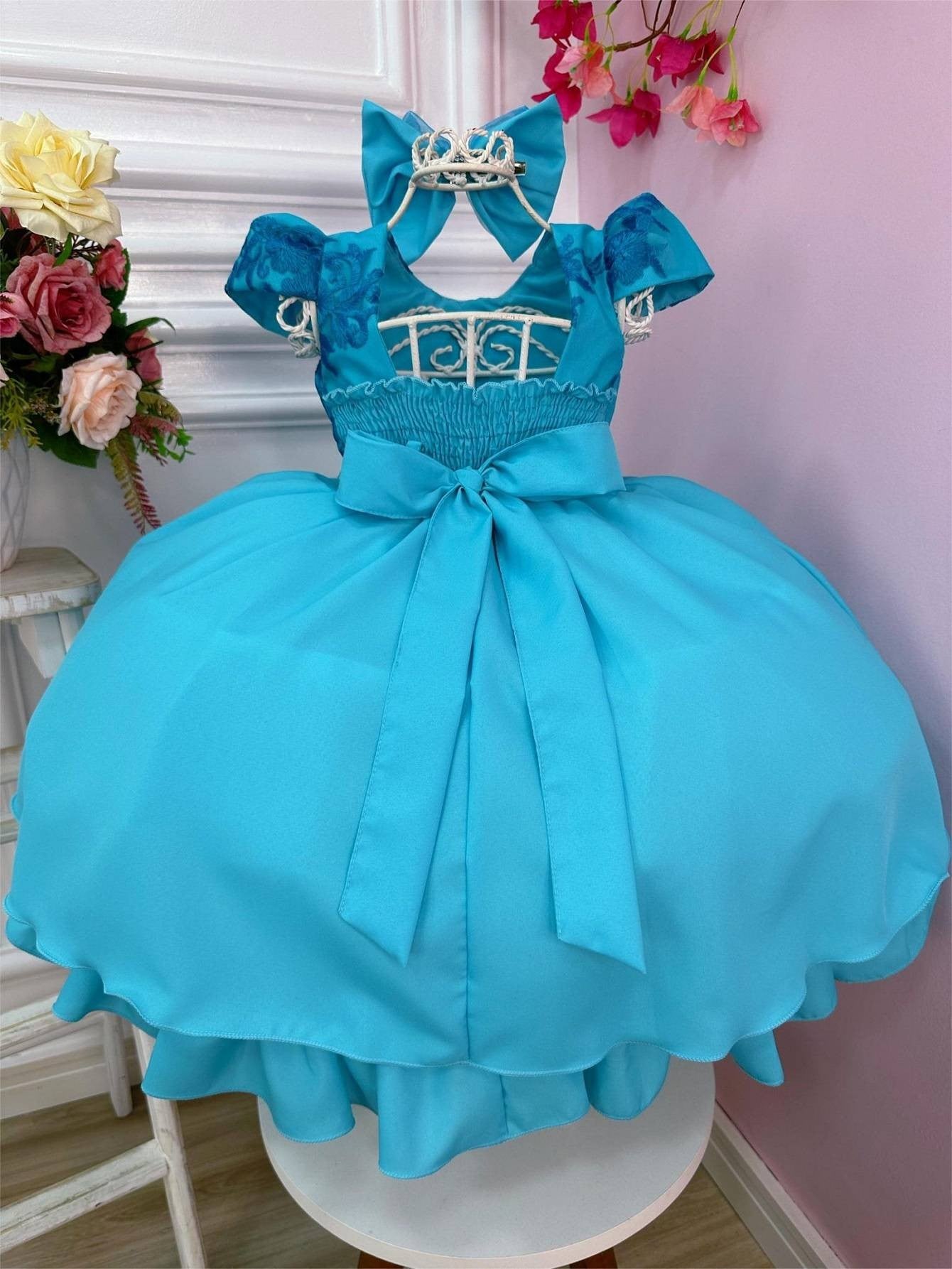 Vestido Infantil Verde em Renda com Laço e Cinto de Pérolas para Daminhas