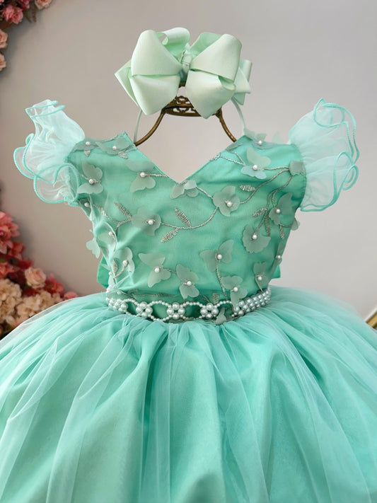 Vestido Infantil Longo Verde C/ Apliques e Renda Damas Festas
