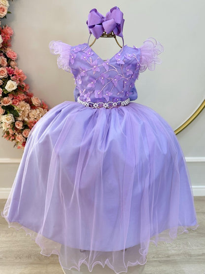 Vestido Infantil Lilás em Tule com Apliques e Renda para Damas de Festas