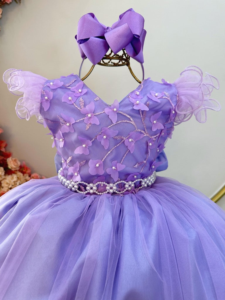 Vestido Infantil Lilás em Tule com Apliques e Renda para Damas de Festas
