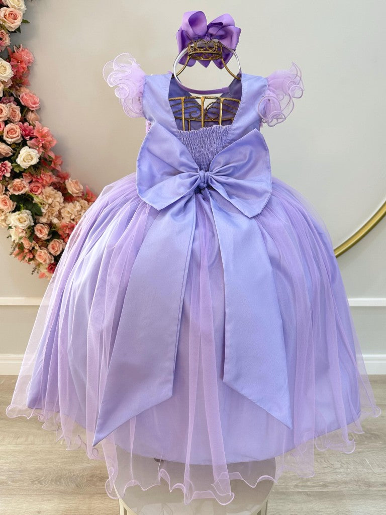 Vestido Infantil Lilás em Tule com Apliques e Renda para Damas de Festas