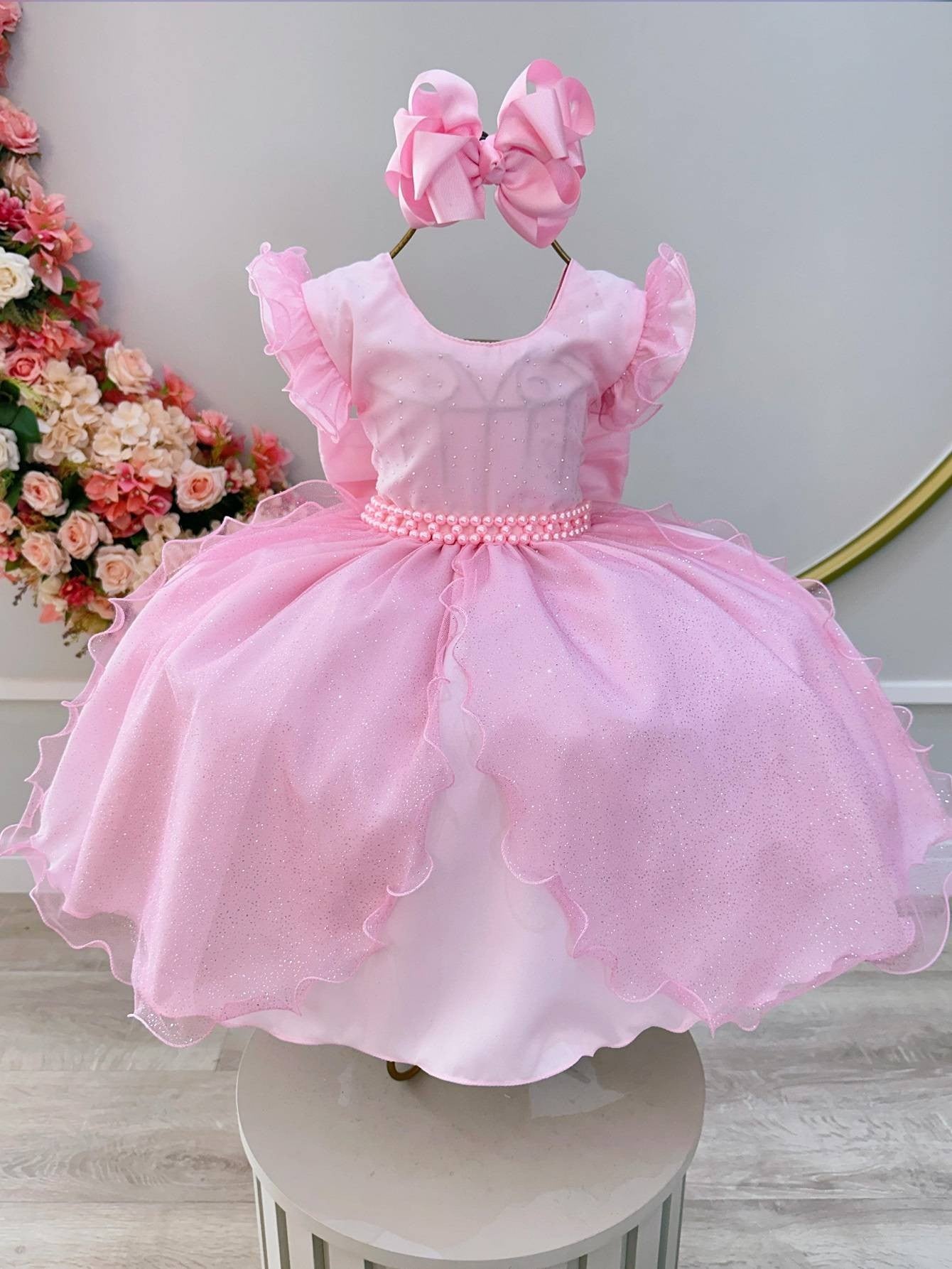 Vestido Infantil Rosa Claro em Tule com Glitter Saia Rodada para Daminhas