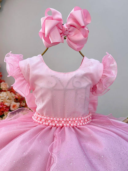 Vestido Infantil Rosa Claro em Tule com Glitter Saia Rodada para Daminhas