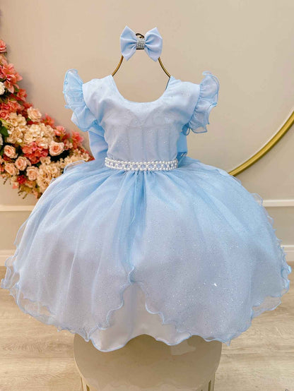 Vestido Infantil Azul Claro em Tule com Glitter Saia Rodada e Laço