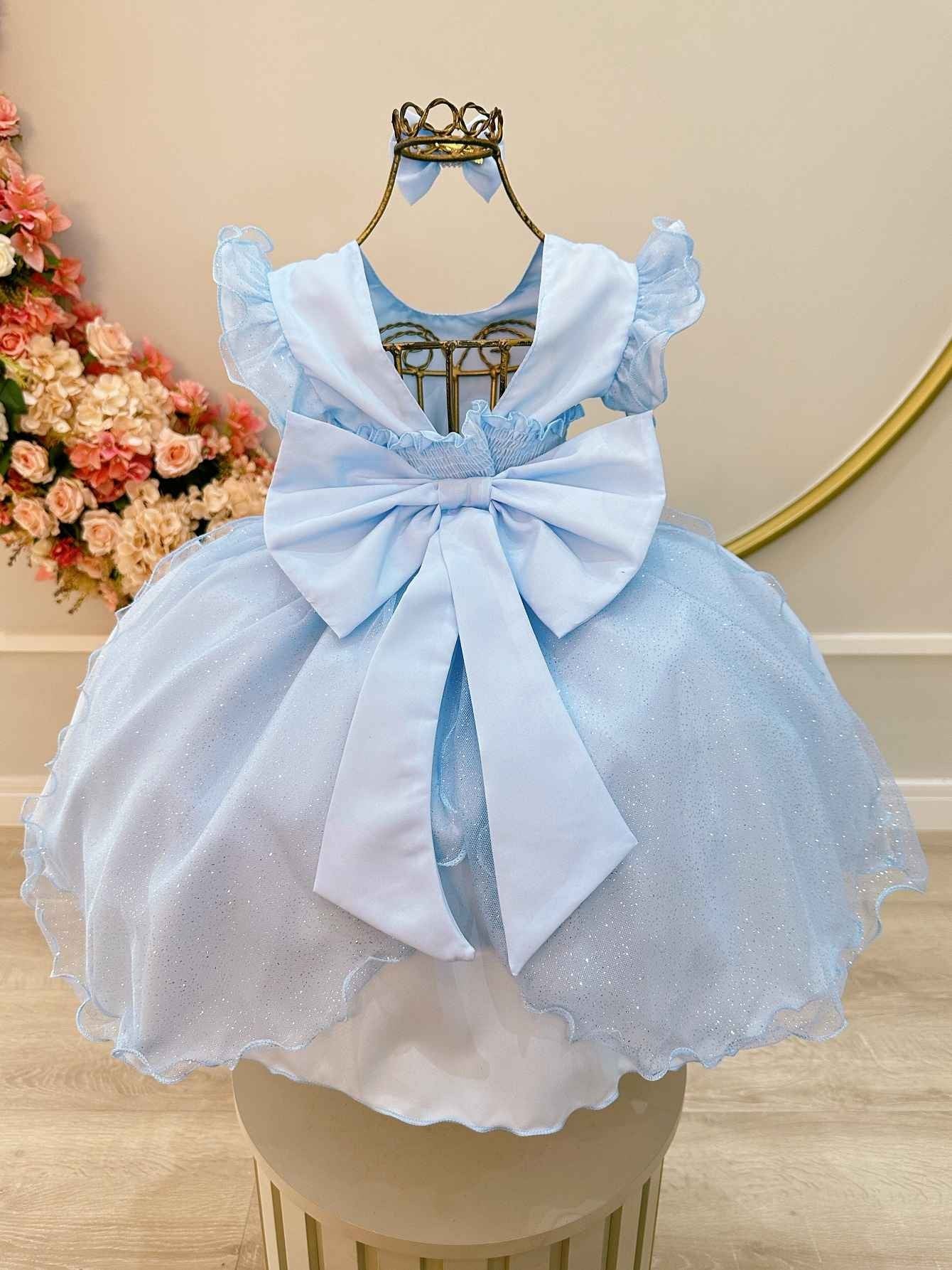 Vestido Infantil Azul Claro em Tule com Glitter Saia Rodada e Laço