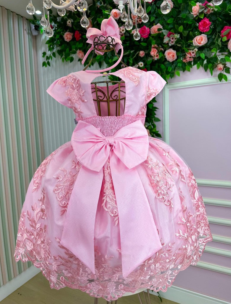 Vestido Infantil Rosa Bebê em Tafetá com Gola Redonda e Elástico nas Costas para Festa de Aniversário