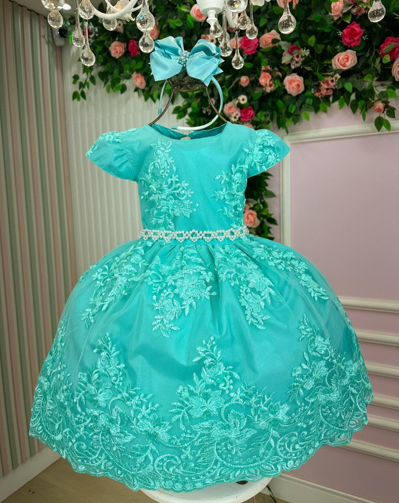 Vestido Infantil Verde Tiffany em Tafetá com Saia Rodada para Estilo Princesa