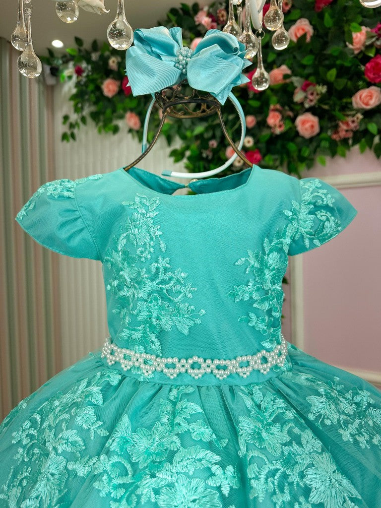 Vestido Infantil Verde Tiffany em Tafetá com Saia Rodada para Estilo Princesa