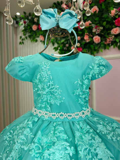 Vestido Infantil Verde Tiffany em Tafetá com Saia Rodada para Estilo Princesa