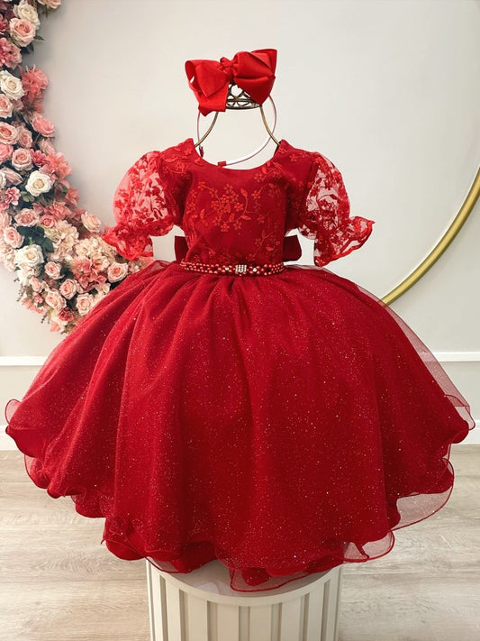 Vestido Infantil Vermelho em Renda Luxuosa com Saia Rodada para Daminhas