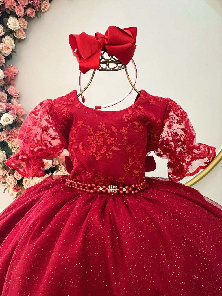 Vestido Infantil Vermelho em Renda Luxuosa com Saia Rodada para Daminhas