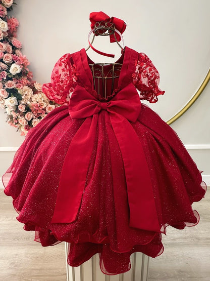 Vestido Infantil Vermelho em Renda Luxuosa com Saia Rodada para Daminhas
