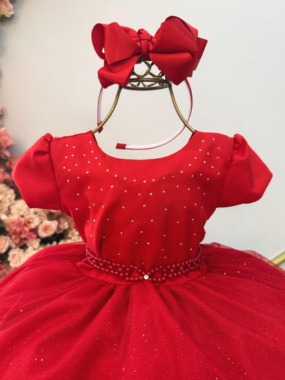 Vestido Infantil Vermelho em Tule com Strass no Busto e Laço nas Costas para Daminhas