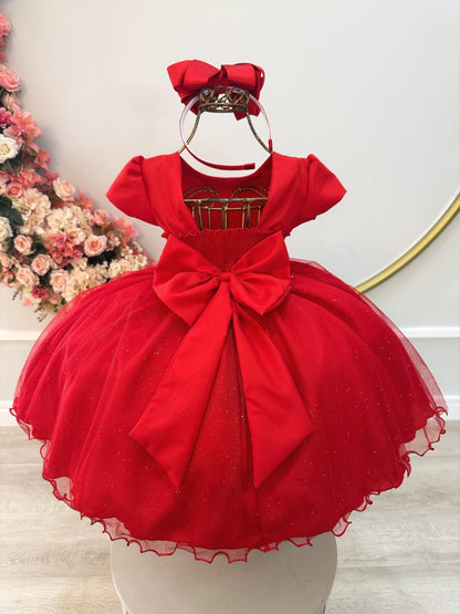 Vestido Infantil Vermelho em Tule com Strass no Busto e Laço nas Costas para Daminhas