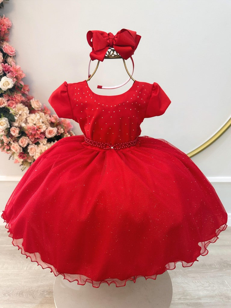 Vestido Infantil Vermelho em Tule com Strass no Busto e Laço nas Costas para Daminhas