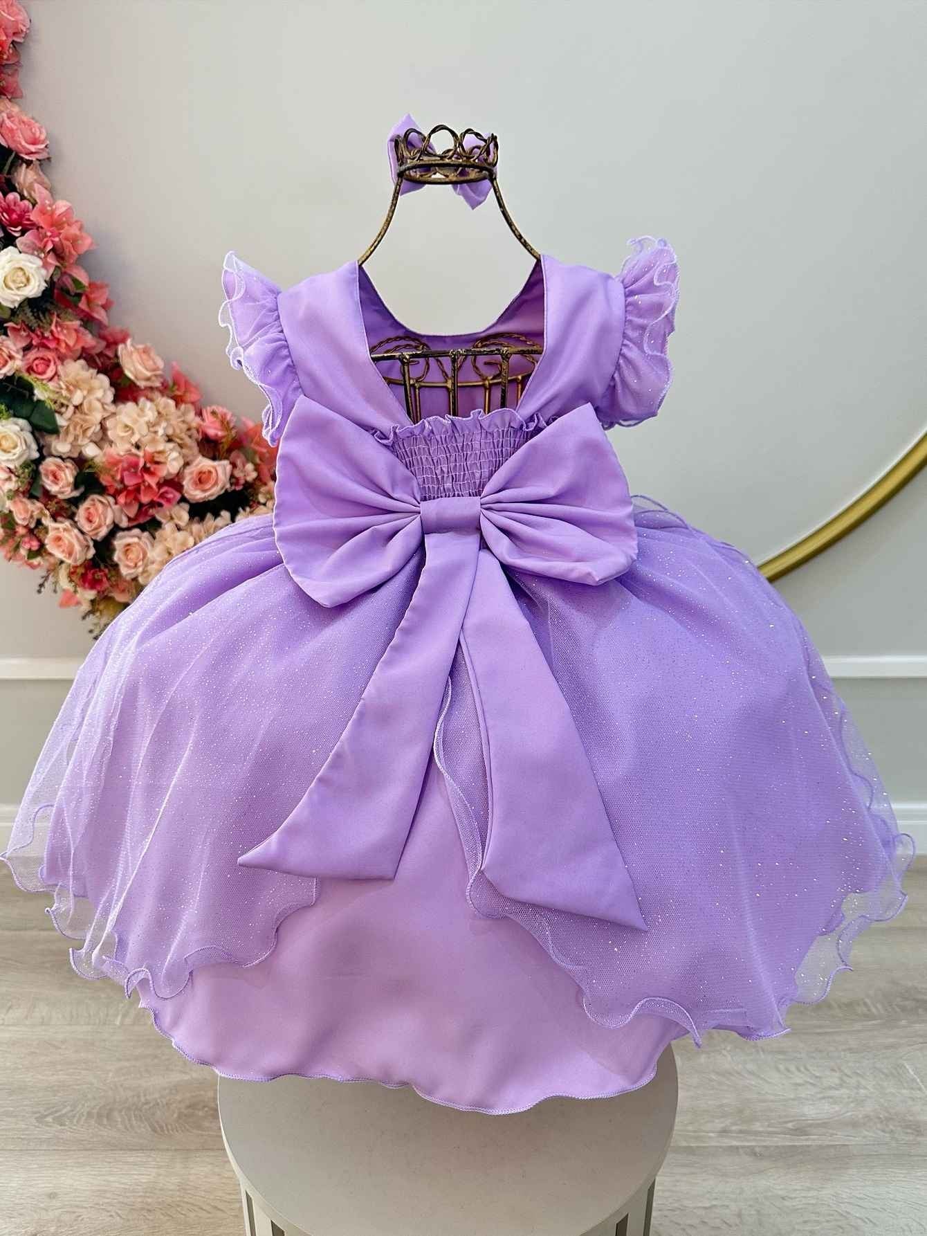 Vestido Infantil Lilás em Tule com Glitter Saia Rodada para Daminhas