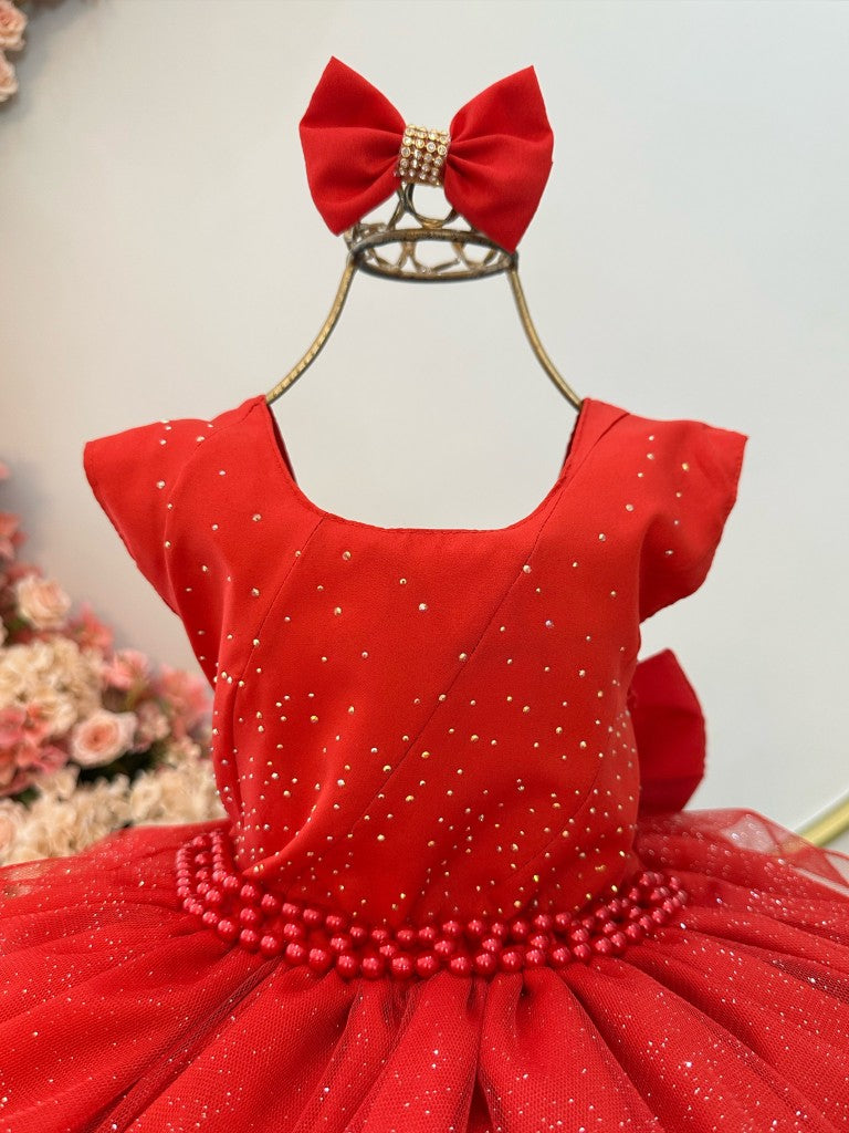 Vestido Infantil Vermelho em Cetim com Babados e Glitter para Daminhas