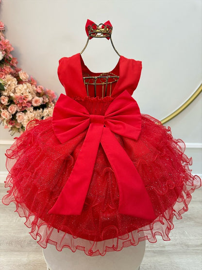 Vestido Infantil Vermelho em Cetim com Babados e Glitter para Daminhas