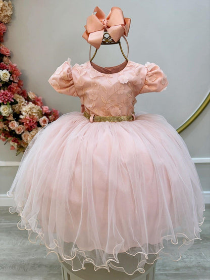 Vestido Infantil Salmão Bordado e Apliques de Flores Pérolas