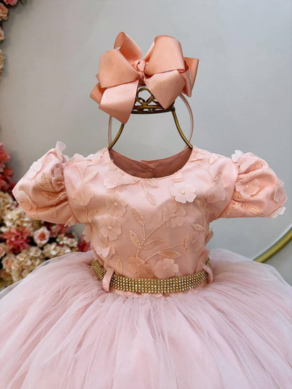 Vestido Infantil Salmão Bordado e Apliques de Flores Pérolas