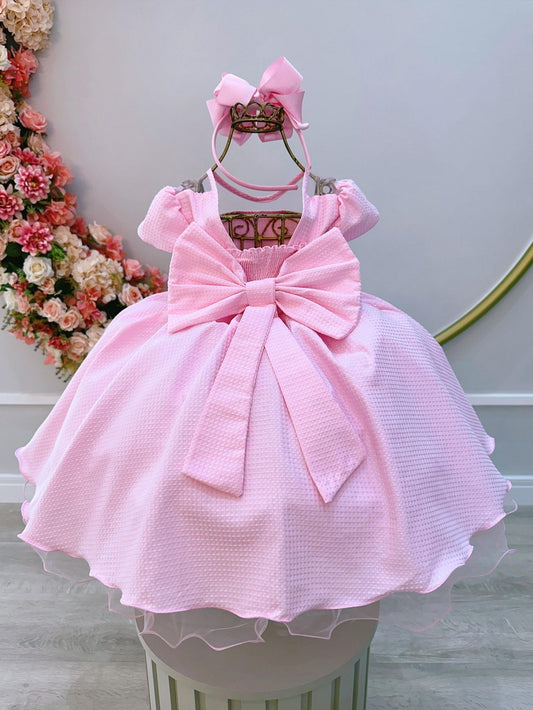 Vestido Infantil Rosa Bebê em Maquinetado com Cinto de Pérolas e Laço